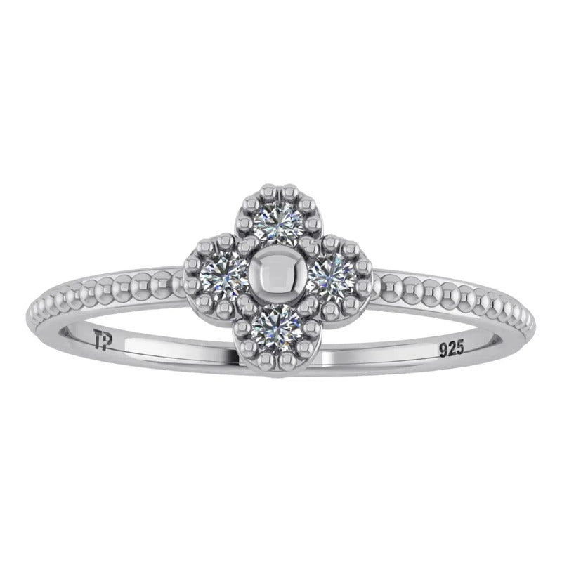 Anel De Prata 925 Flor Com 4 Zirconias - Exclusivo