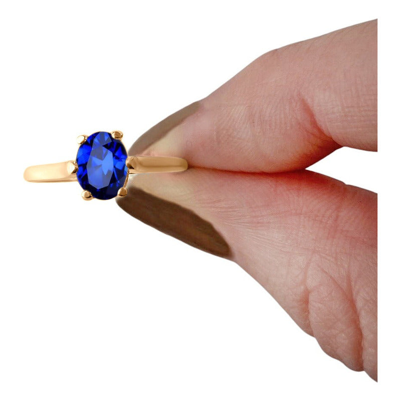 Anel Solitário Oval Em Prata 925 Dourada 18k - Safira