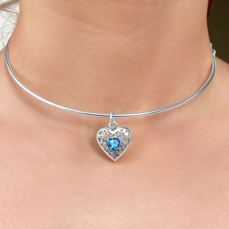 Colar Choker Filigrana Coração Prata 925 Topázio Azul