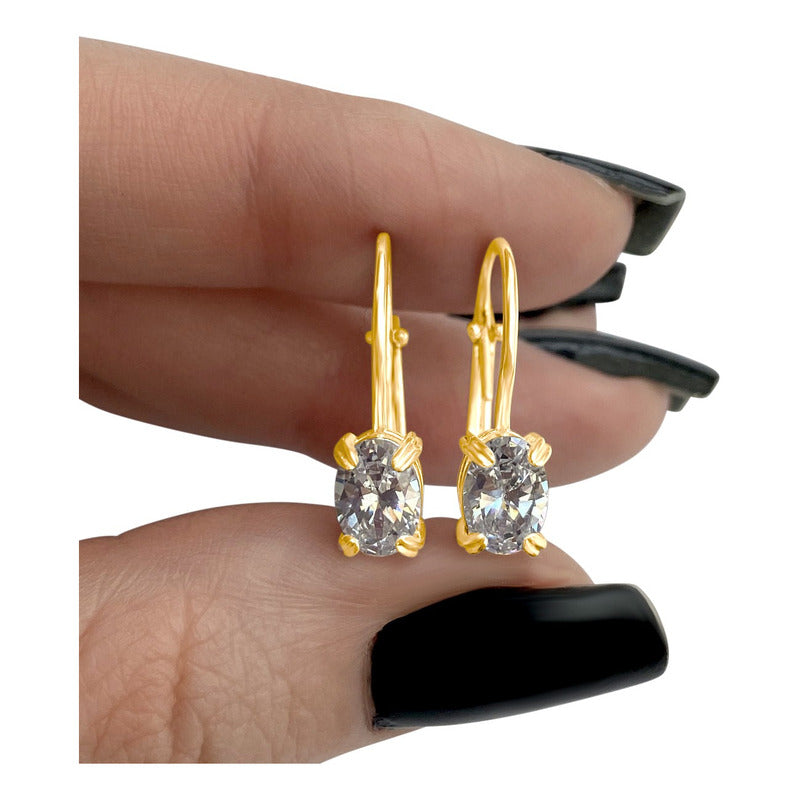 Brinco Trava Pura Prata 925 Dourada 18k - Zircônia Oval