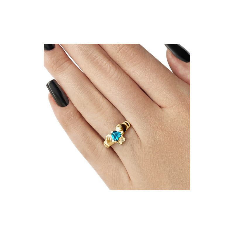 Anel Claddagh Irlandês Prata 925 Dourada 18k - Topázio Azul