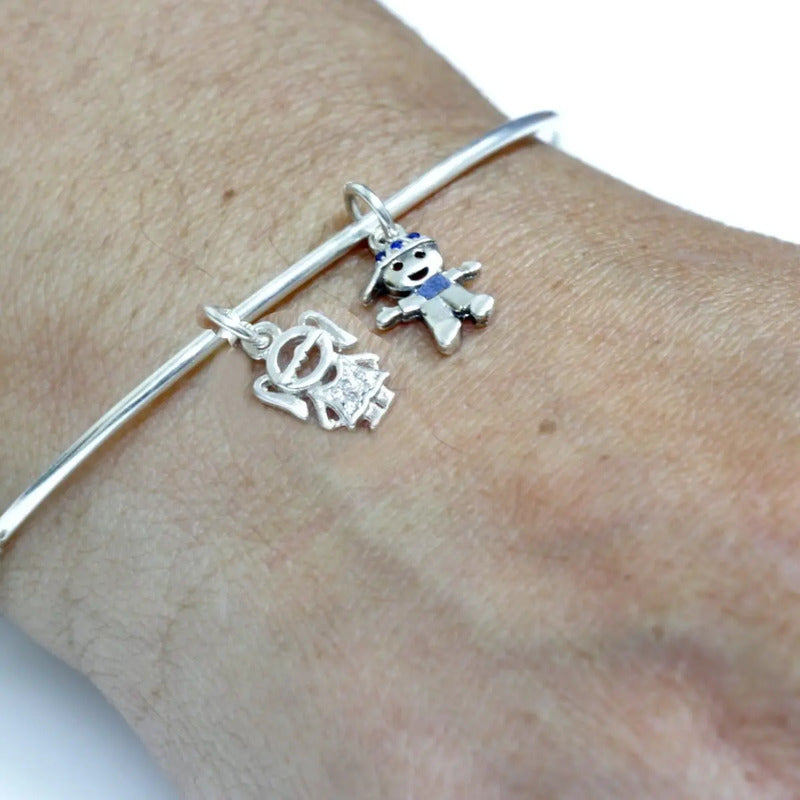Pulseira Bracelete Rígido Prata 925- Pingentes Menina Menino 19 Cm