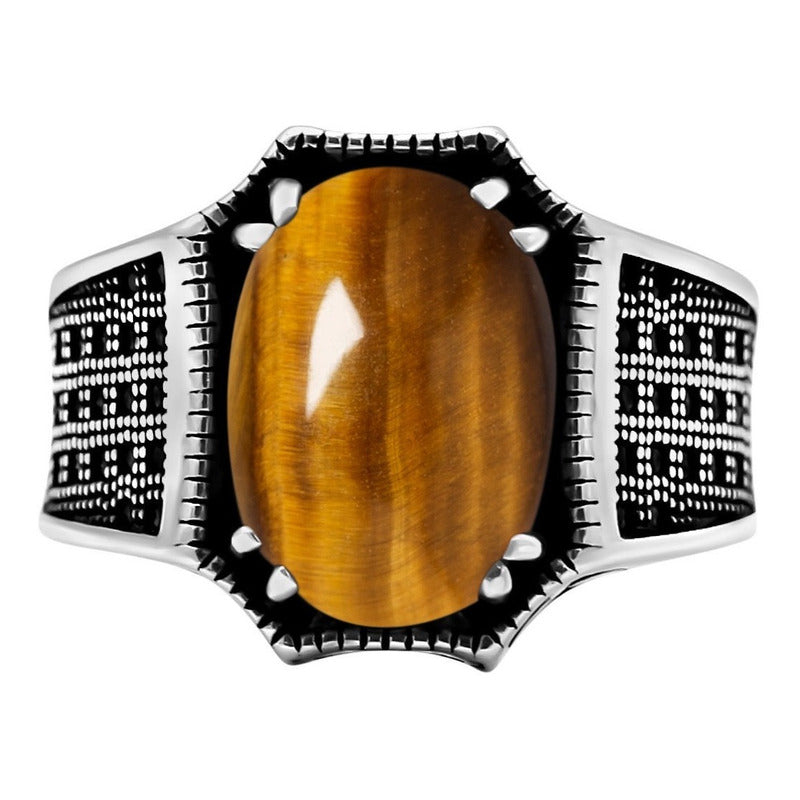 Anel Prata 925 Olho De Tigre Natural Cabochão Exclusivo