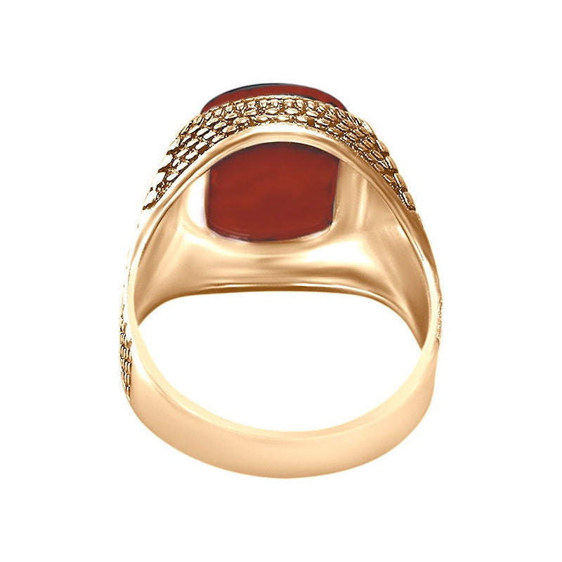 Anel Masculino Prata 925 Dourada Ouro 18k - Ágata Vermelha