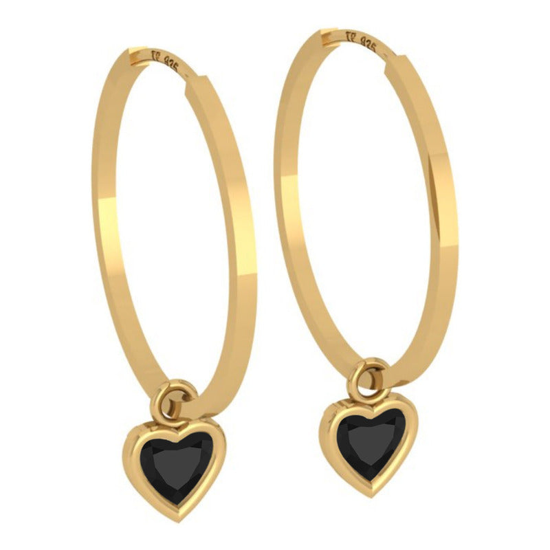 Brinco Argola Prata 925 Dourada 18k Pingente Onix Coração