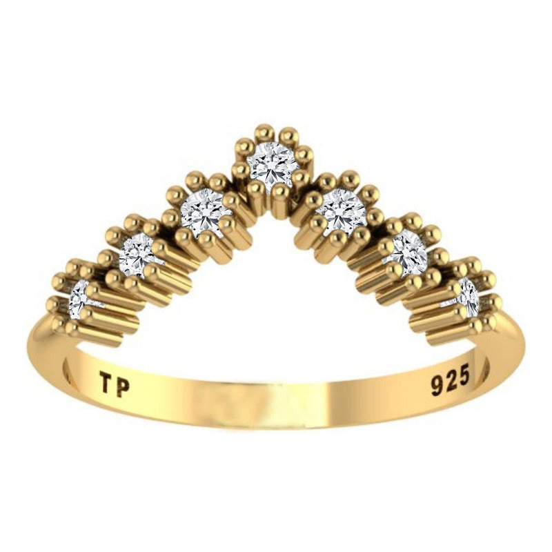 Anel Prata 925 Dourada 18k V Chevron - Zircônias