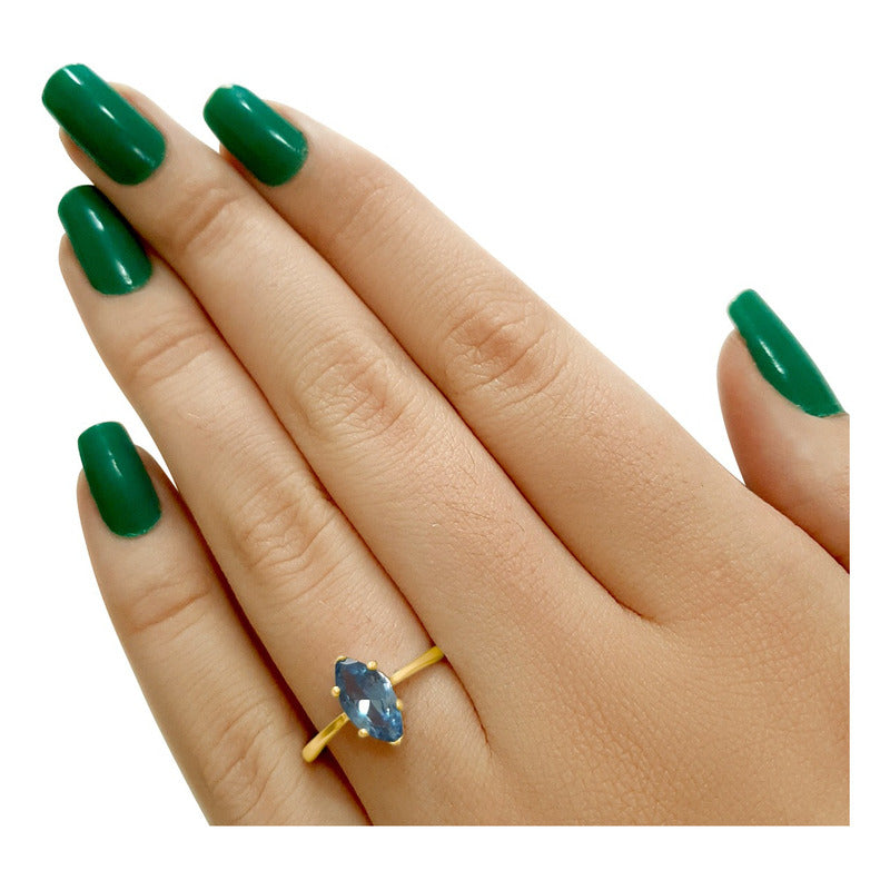 Anel Navete Prata 925 Dourada Ouro 18k - Topázio Azul
