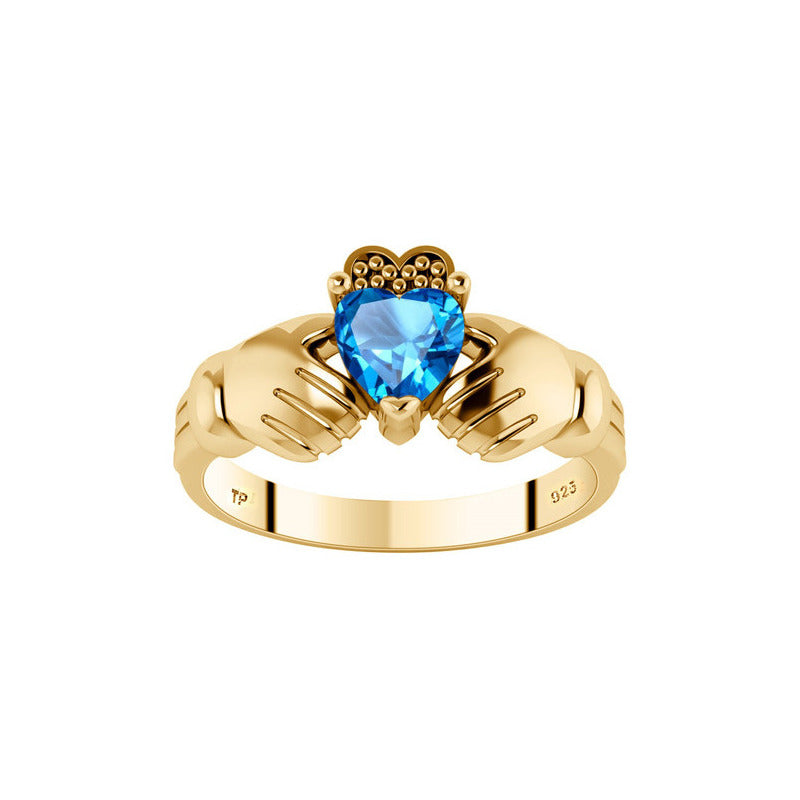 Anel Claddagh Irlandês Prata 925 Dourada 18k - Topázio Azul