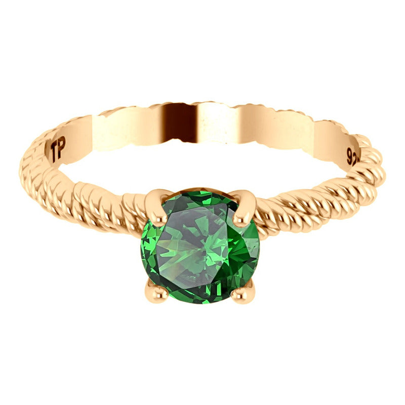 Anel Solitário Torcido Esmeralda Prata 925 Dourada Ouro 18k