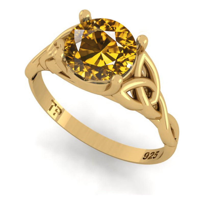 Anel Prata 925 Dourada 18k Celta Knot Trinity - Citrino