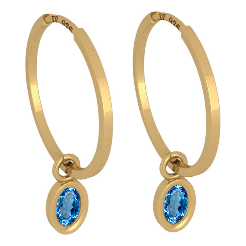 Brinco Argola Prata 925 Dourada 18k Pingente Oval - Topázio