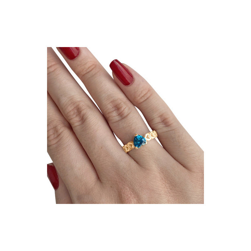 Anel Luxo Coração Prata 925 Dourada A Ouro 18k- Topázio Azul