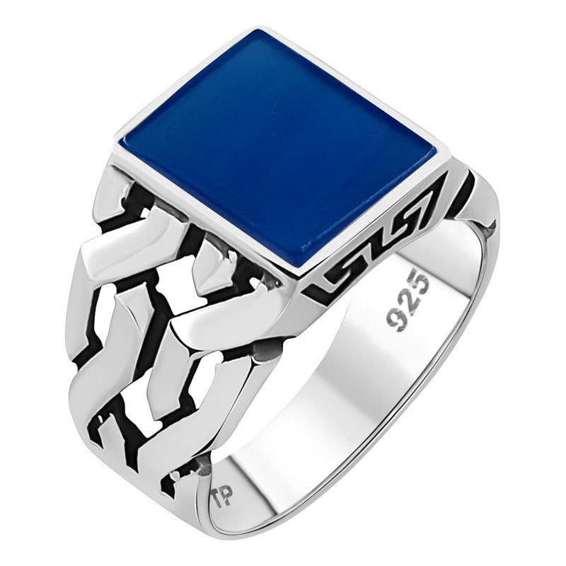 Anel Prata 925 Masculino Elos Retangular - Ágata Azul