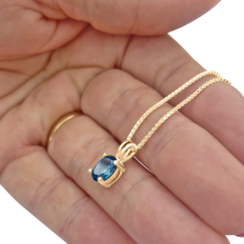Colar Pingente Oval Prata 925 Dourada 18k - Topázio Azul