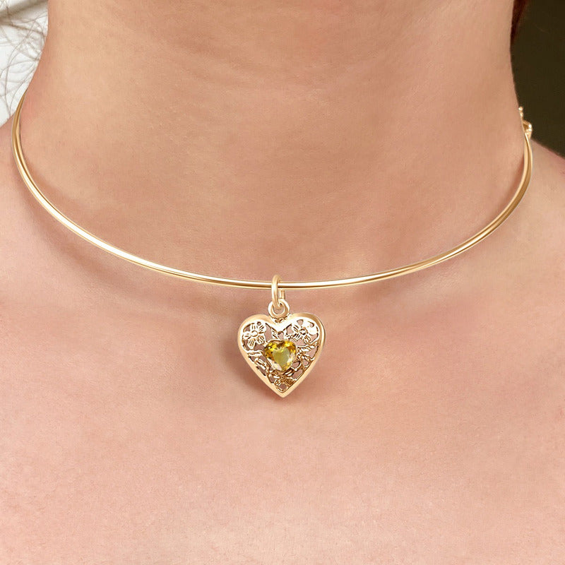 Colar Choker Citrino Coração Filigrana Prata 925 Dourada 18k