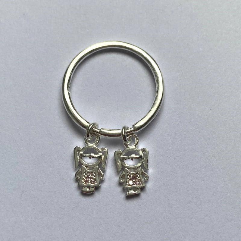 Anel Prata 925 Família Pingentes Exclusivo : 2 Meninas