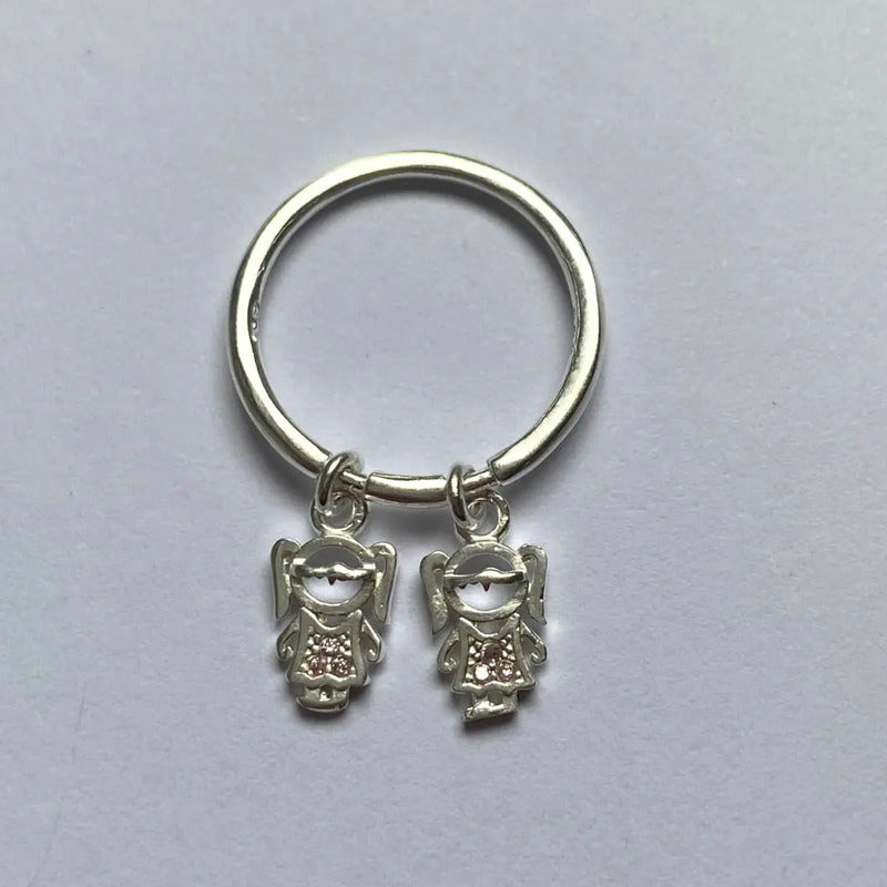 Anillo de Plata 925 Exclusivo Colgante Familiar: 2 Niñas