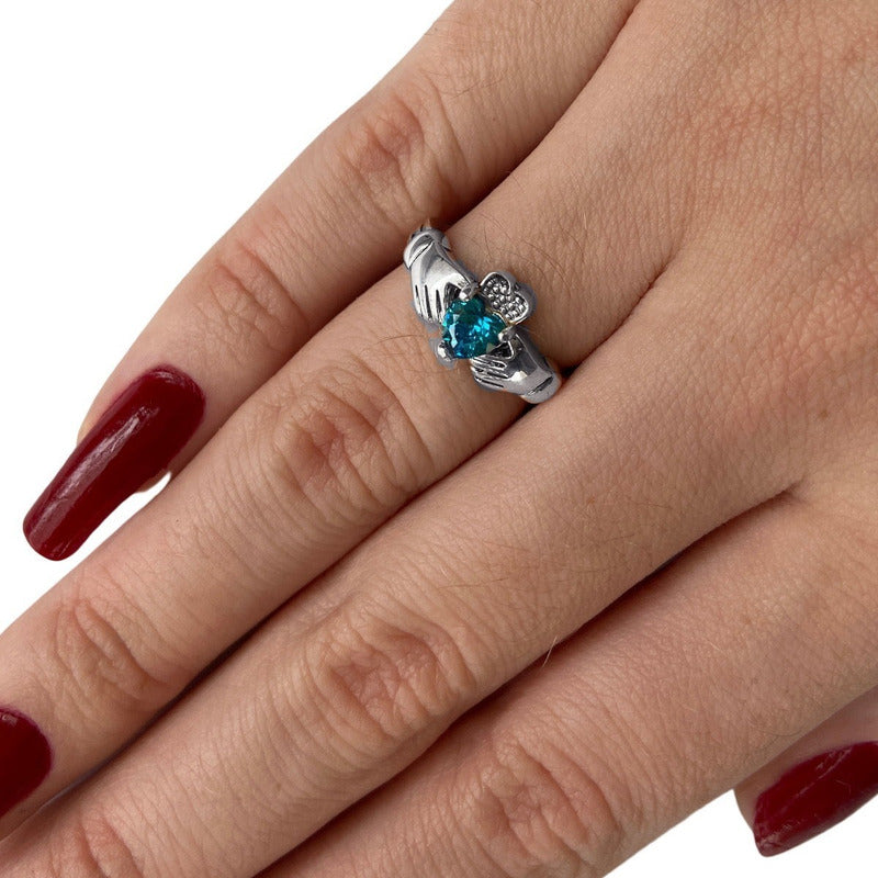 Anel De Prata 925 Claddagh Topázio Azul- Unissex