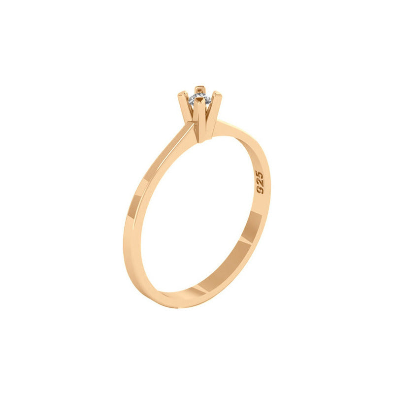 Anel Solitário Prata 925 Dourada 18k - Zircônia