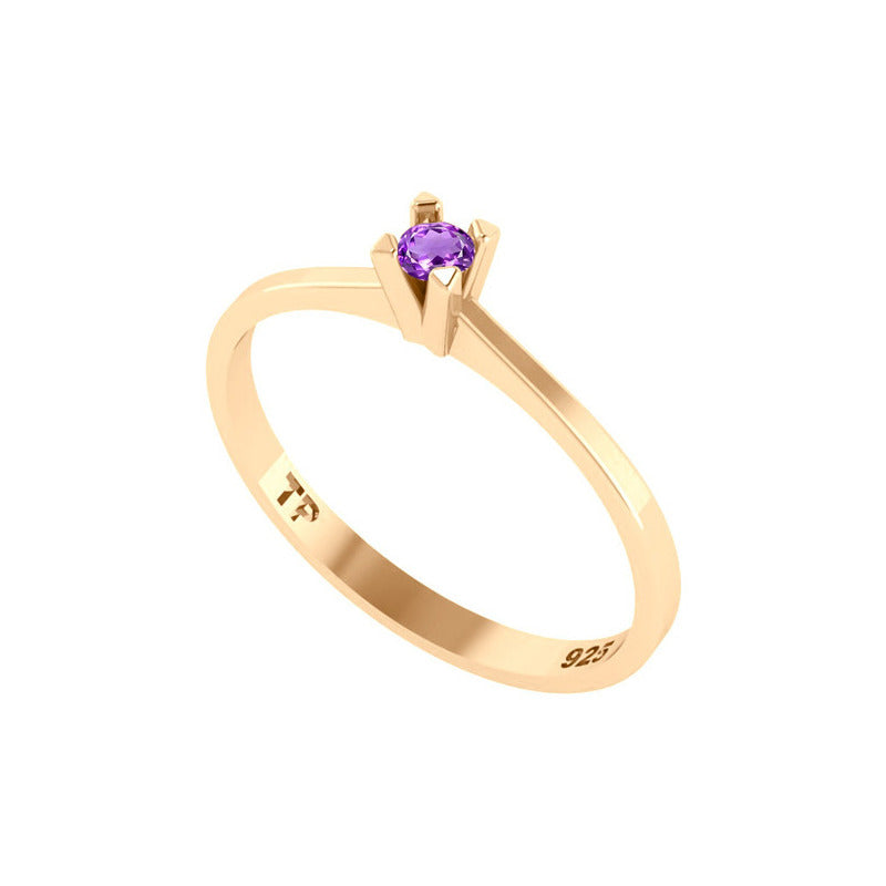 Anel Solitário Prata 925 Dourada 18k - Ametista