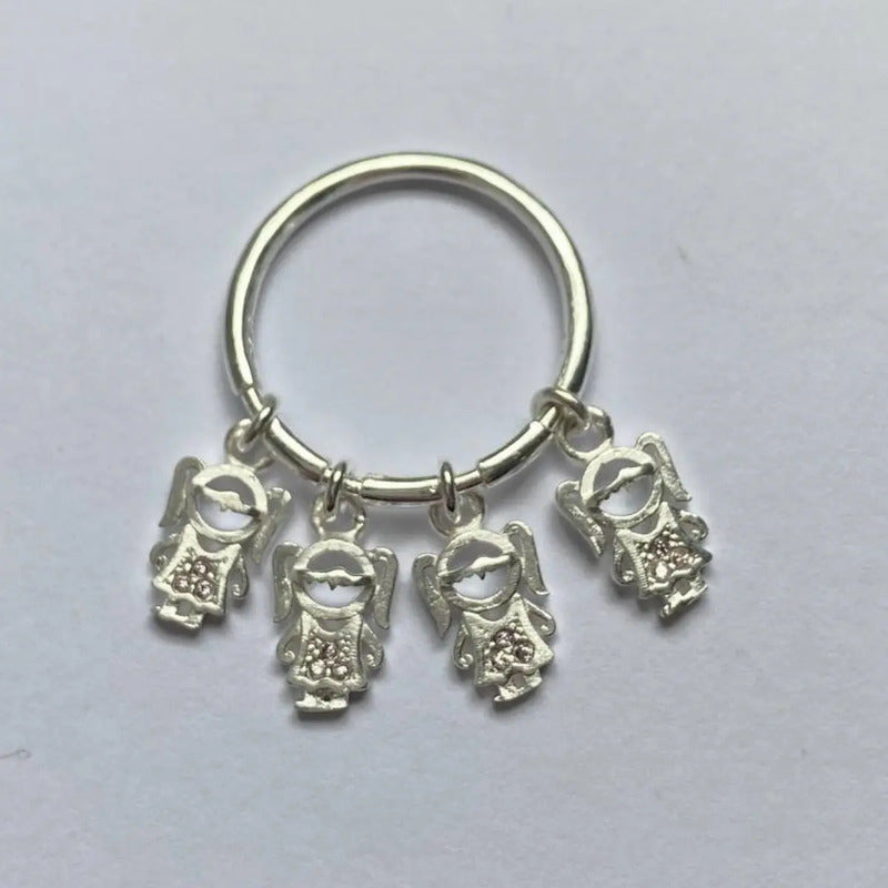 Anel Prata 925 Família Pingentes Exclusivo : 4 Meninas