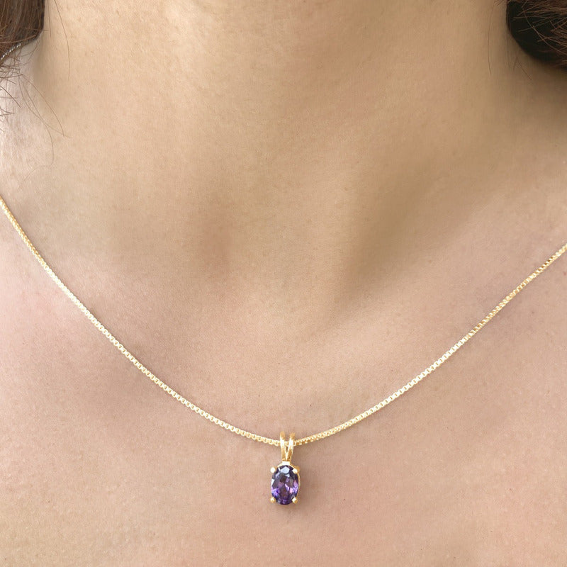 Colar Pingente Oval Prata 925 Dourada 18k - Ametista