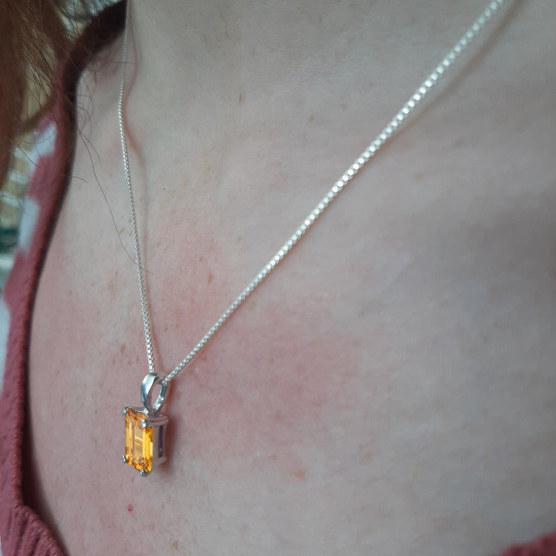Pingente Prata 925 Retangular Citrino Unissex - Exclusivo
