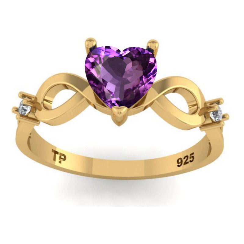 Anel Prata 925 Dourada 18k Infinito Amor Coração - Ametista