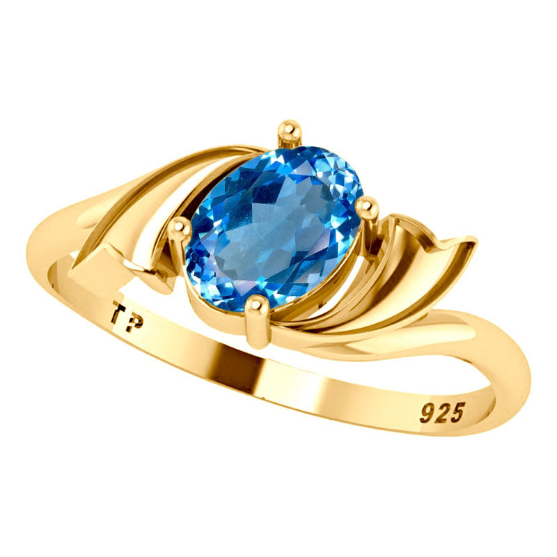 Anel Wings Prata 925 Dourada Ouro 18k - Água Marinha Oval