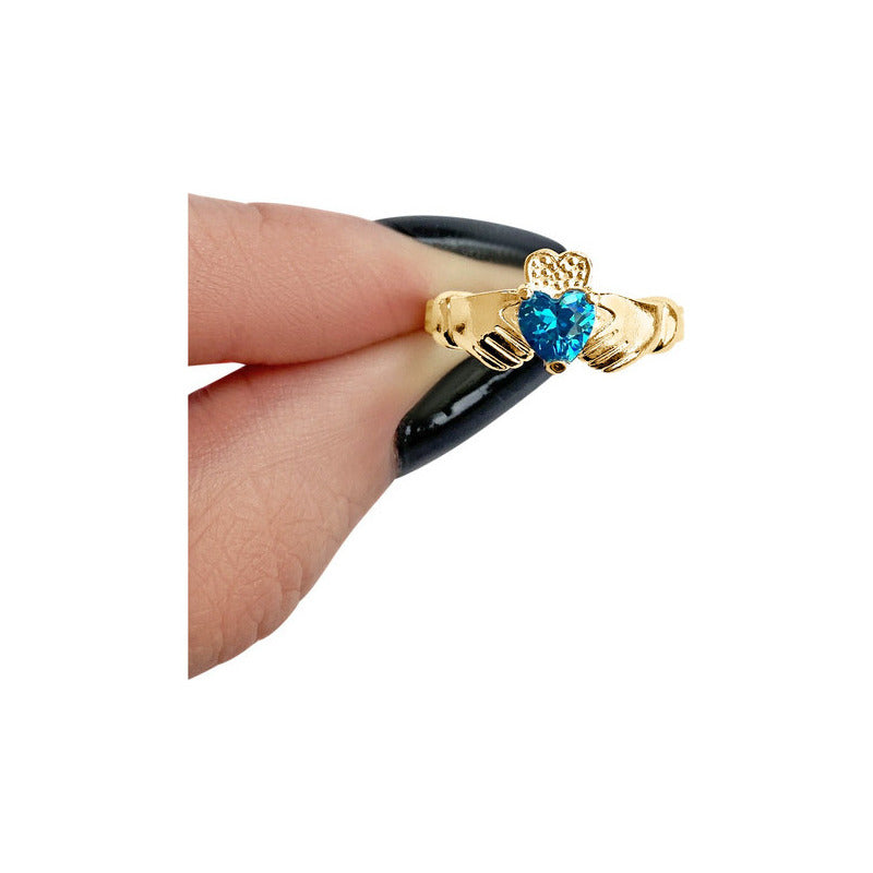 Anel Claddagh Irlandês Prata 925 Dourada 18k - Topázio Azul