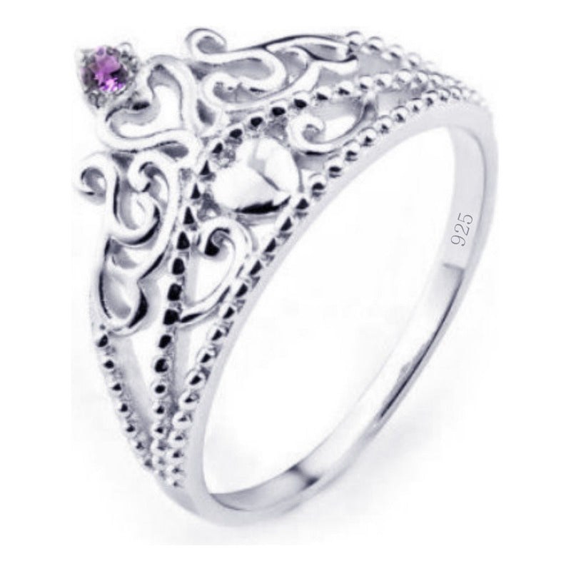 Anel Tiara Princesa Prata 925 Coração Ametista - Exclusivo