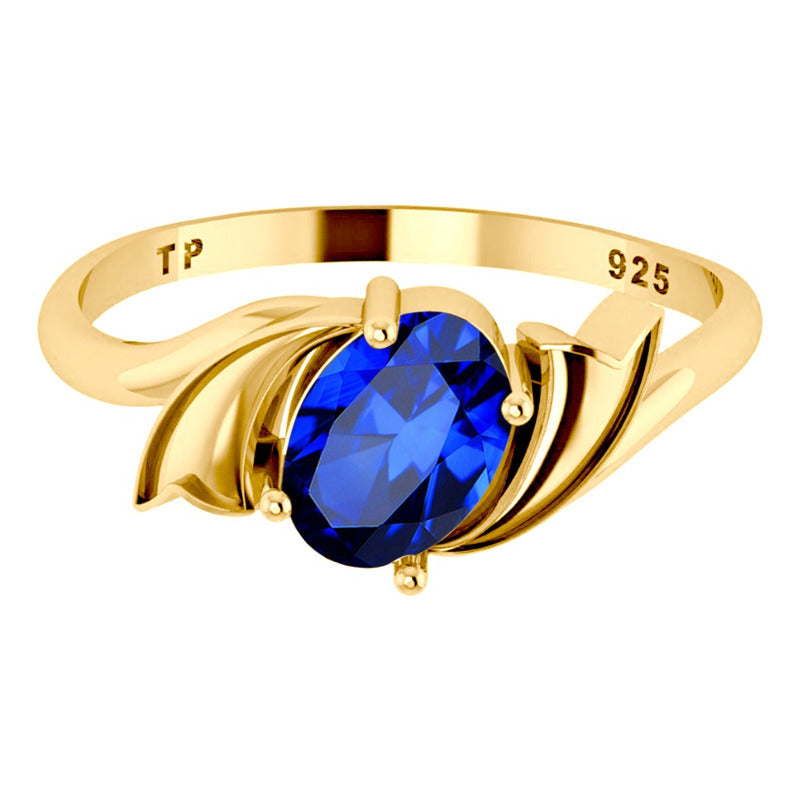 Anel Wings Prata 925 Dourada Ouro 18k - Safira Oval