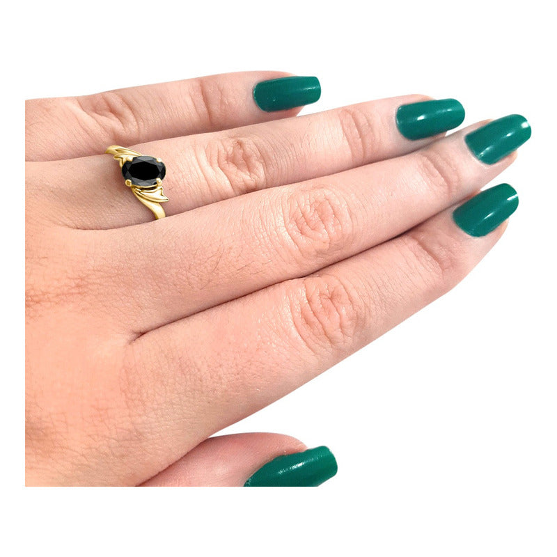 Anel Wings Prata 925 Dourada Ouro 18k - Black Ônix Oval