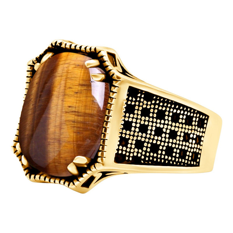 Anel Cabochão Prata 925 Dourada Ouro 18k - Olho De Tigre