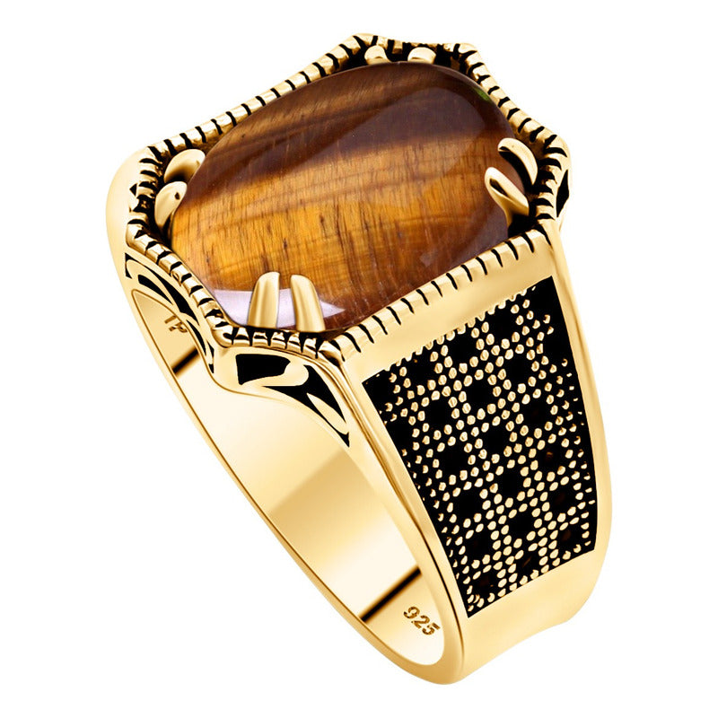 Anel Cabochão Prata 925 Dourada Ouro 18k - Olho De Tigre