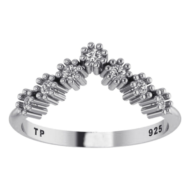 Anel V Pura Prata 925 Chevron Brilhante Zirconias- Exclusivo