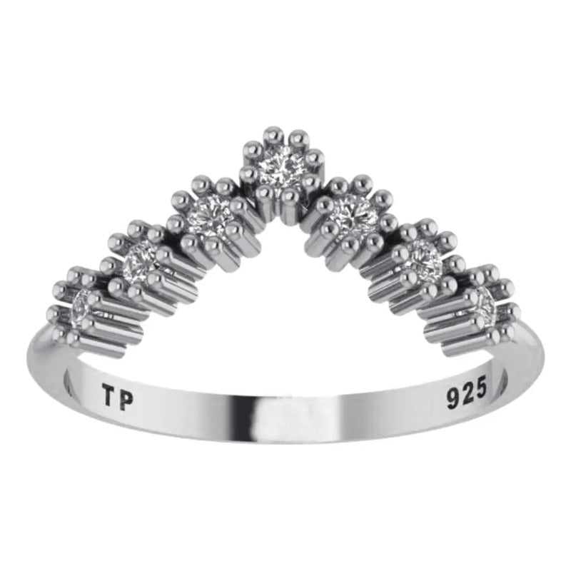 Anel V Pura Prata 925 Chevron Brilhante Zirconias- Exclusivo