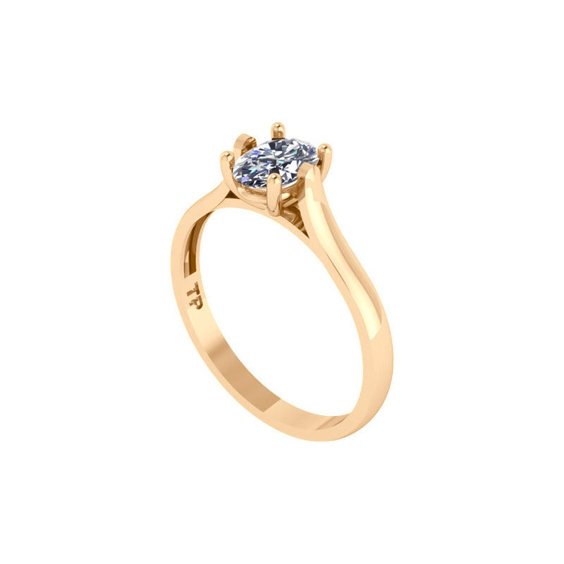 Anel Solitário Oval Em Prata 925 Dourada 18k - Zircônia