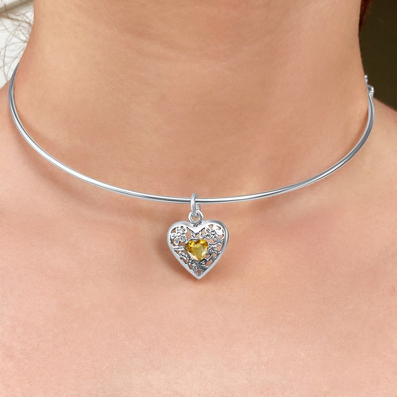 Colar Choker Filigrana Coração Prata 925 Citrino- Exclusivo