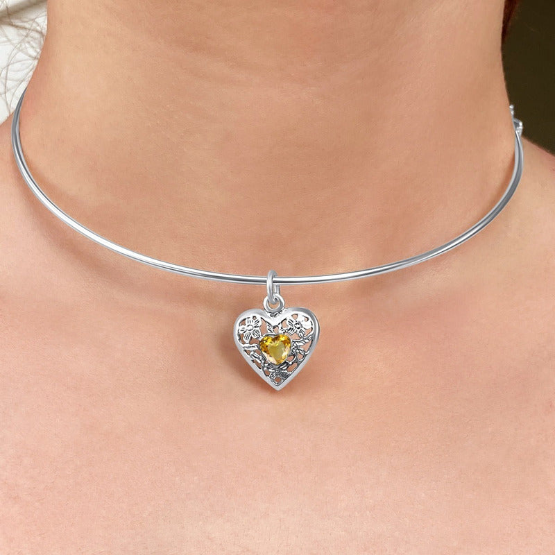 Colar Choker Filigrana Coração Prata 925 Citrino- Exclusivo