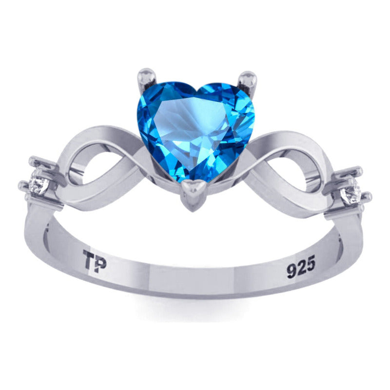 Anel Prata 925 Infinito Amor Coração - Topázio Azul