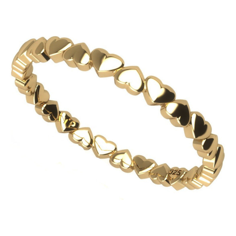 Anel Corações Sólido Prata 925 Dourada 18k - Feminino