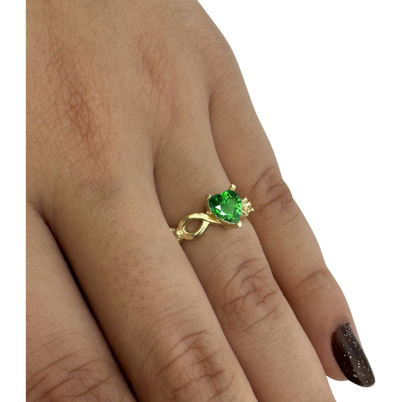 Anel Prata 925 Dourada 18k Infinito Amor Coração - Esmeralda