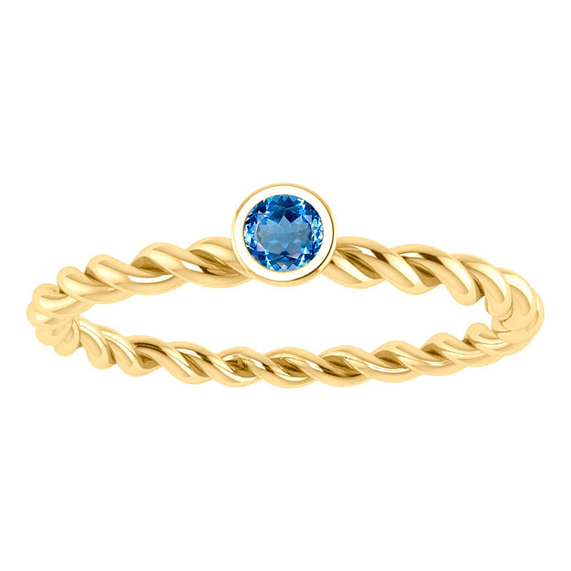 Anel Solitário Prata 925 Dourada 18k Torcido - Topázio Azul