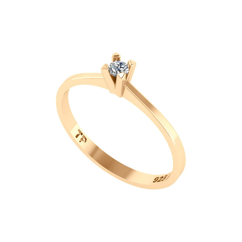 Anel Solitário Prata 925 Dourada 18k - Zircônia