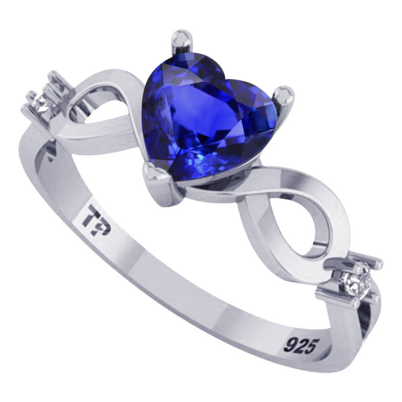 Anel Prata 925 Infinito Amor Coração - Safira Azul