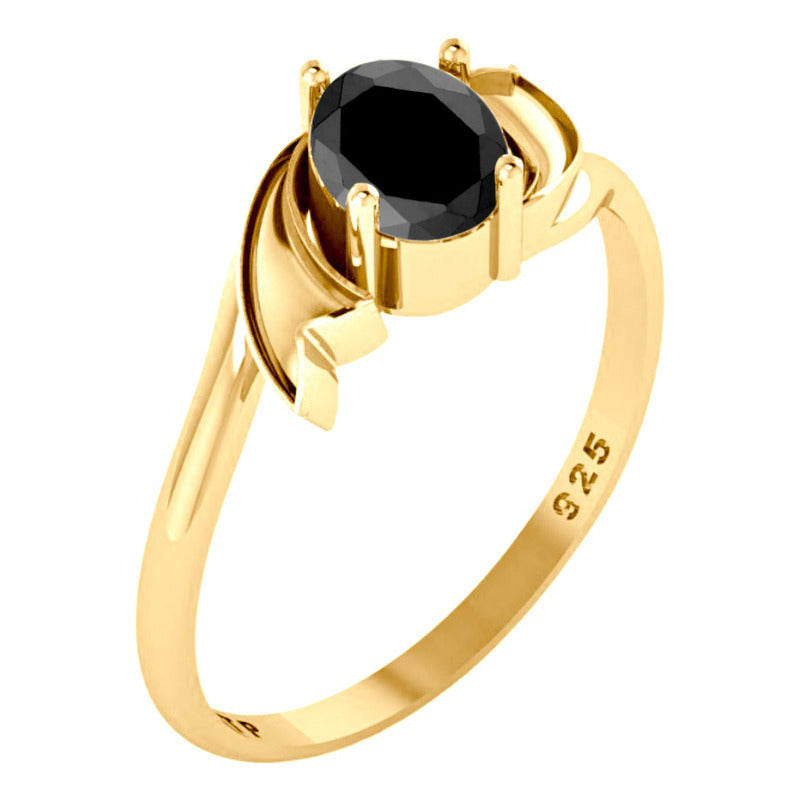 Anel Wings Prata 925 Dourada Ouro 18k - Black Ônix Oval