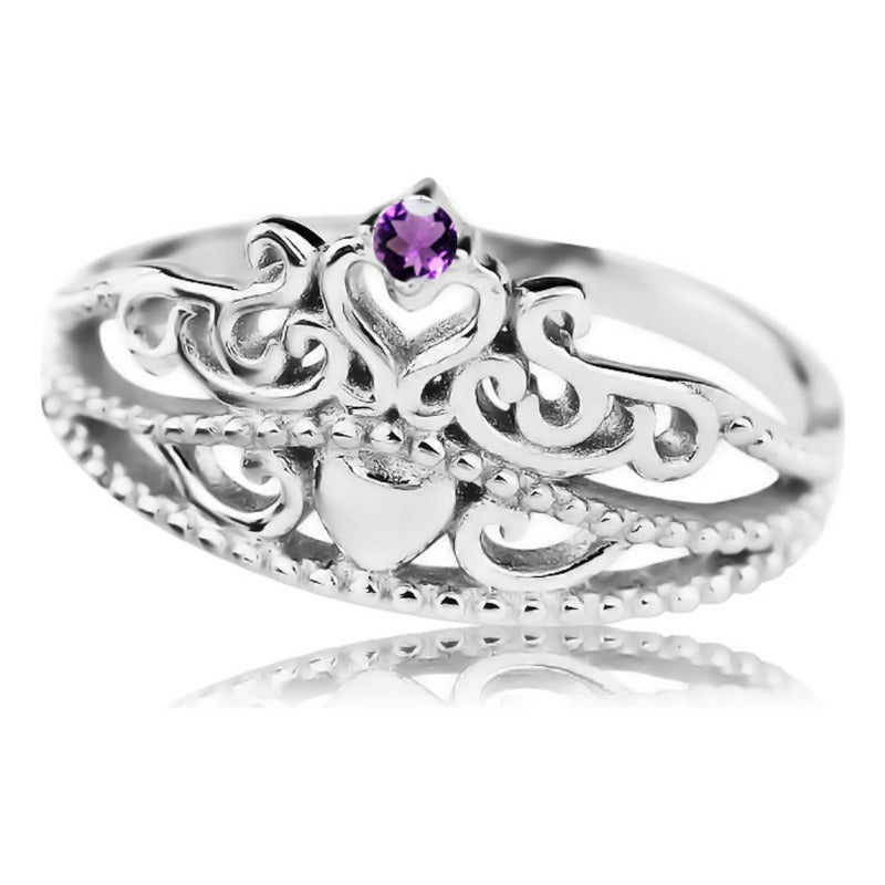 Anel Tiara Princesa Prata 925 Coração Ametista - Exclusivo