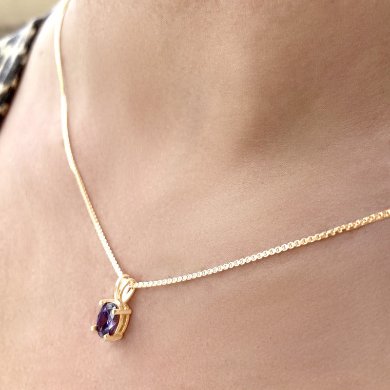 Colar Pingente Oval Prata 925 Dourada 18k - Ametista