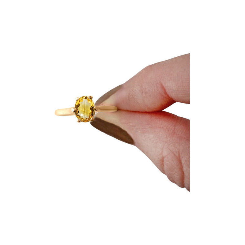Anel Solitário Oval Em Prata 925 Dourada 18k - Citrino